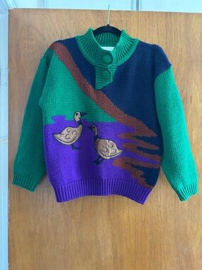 Vintage Duck Colorblock Pullover Sweater Green Purple Small 1980’s 1990’s